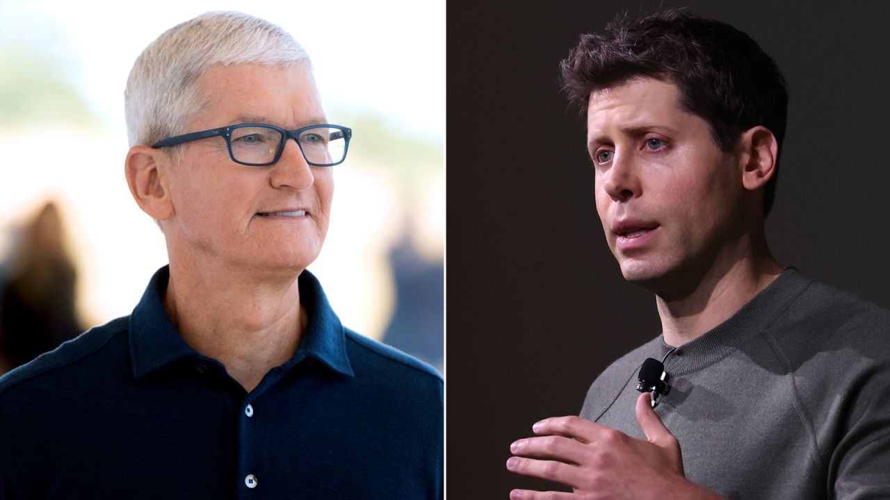 (L-R) Apple CEO Tim Cook; OpenAI CEO Sam Altman. 