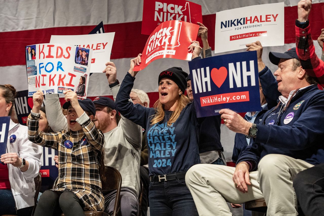 Supporters cheer as Republican presidential candidate and former UN Ambassador Nikki Haley speaks at a campaign event in Exeter, New Hampshire, on January 21.