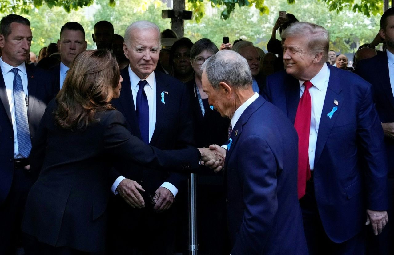 Vice President Kamala Harris shakes hands with former President Donald Trump during a remembrance ceremony in New York on Wednesday.