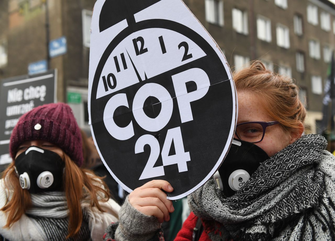 Protesters pictured during a march for the climate on December 8 in Katowice, Poland.