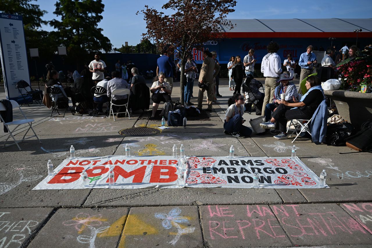 A banner calling for an arms embargo against Israel is laid outside the 2024 Democratic National Convention in Chicago on August 22.