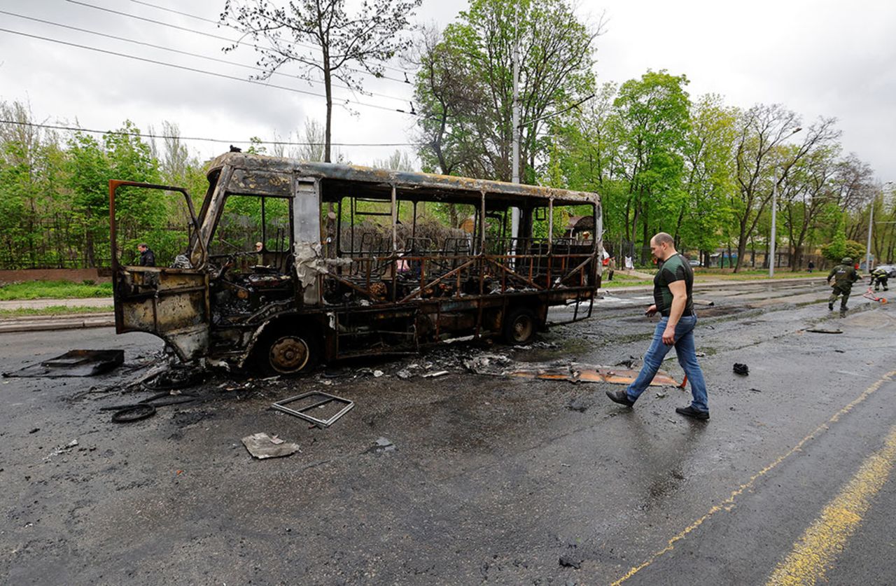 A burnt-out minibus is seen in?Donetsk, Ukraine, on Friday, April 28. 