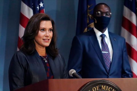 Gov. Gretchen Whitmer addresses the state during a speech in Lansing, Michigan on Wednesday, September 2.