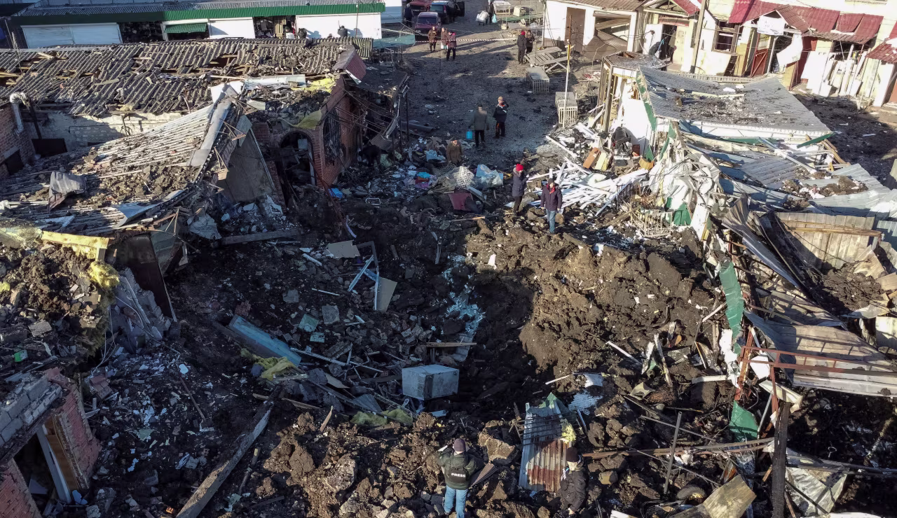 An aerial view shows a local market heavily damaged by a Russian missile strike in Shevchenkove, Kharkiv region, on Monday.