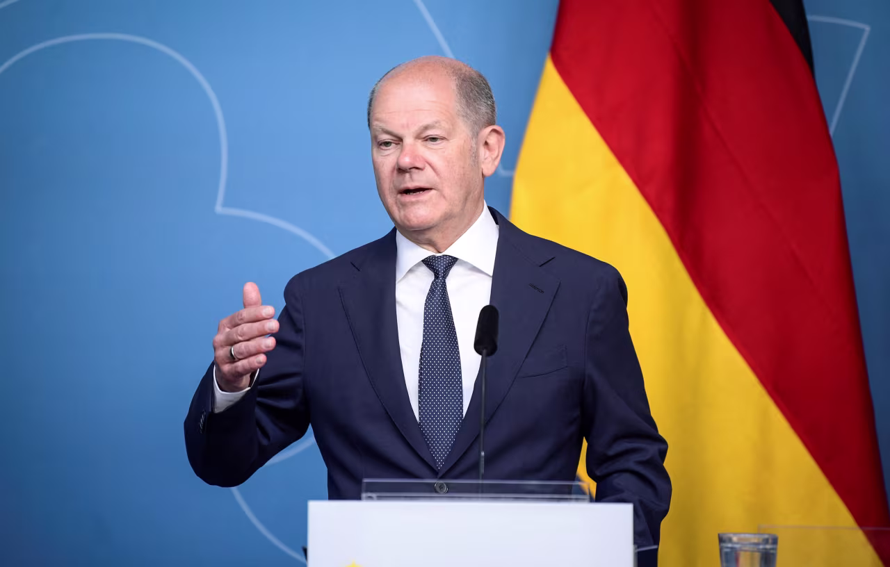 German Chancellor Olaf Scholz speaks during a press conference in Stockholm, Sweden, on May 14. 