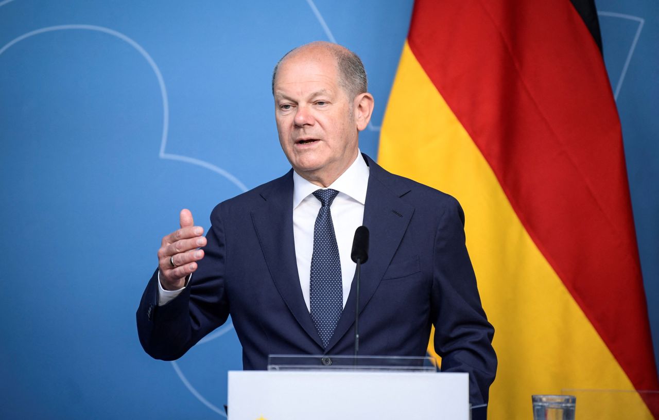 German Chancellor Olaf Scholz speaks during a press conference in Stockholm, Sweden, on May 14.