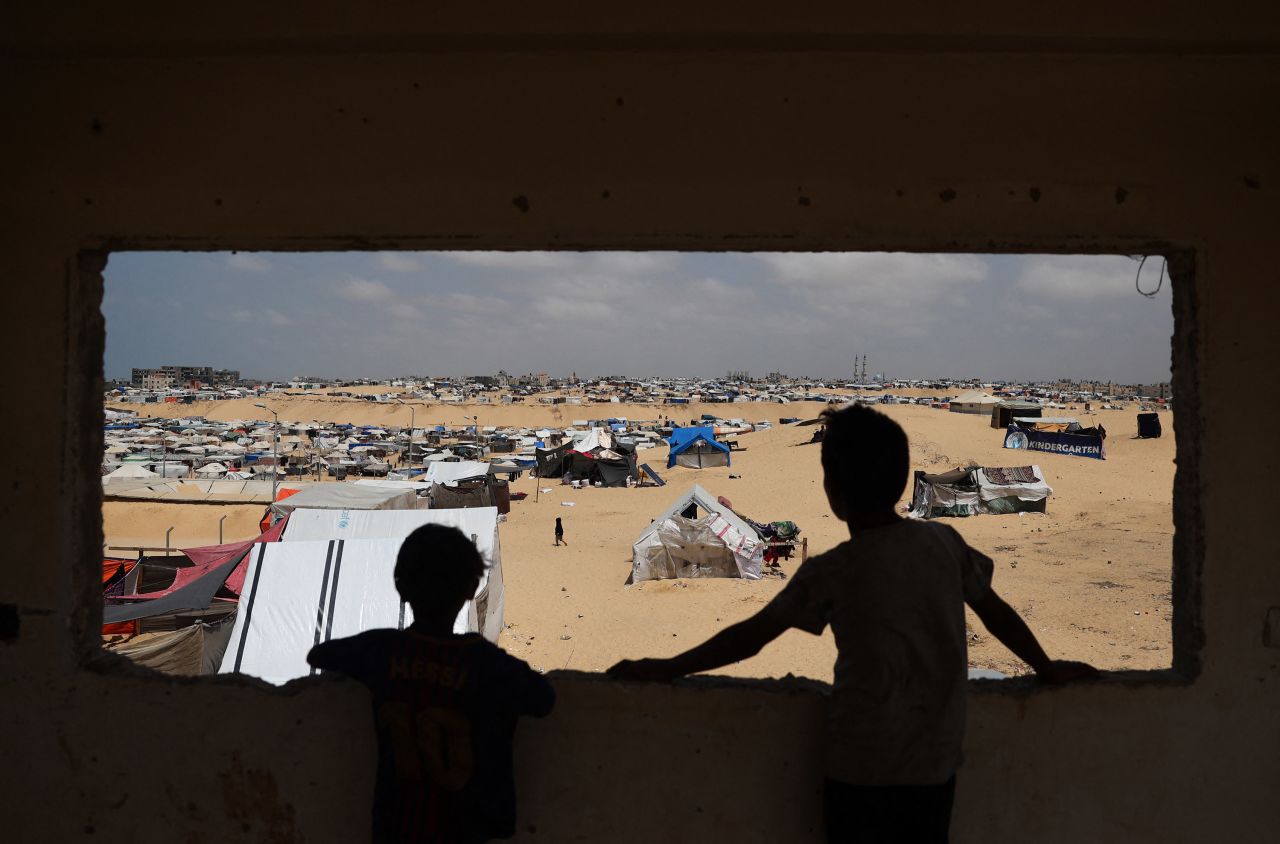 Palestinian children are seen at a camp for displaced people in Rafah on April 28. 