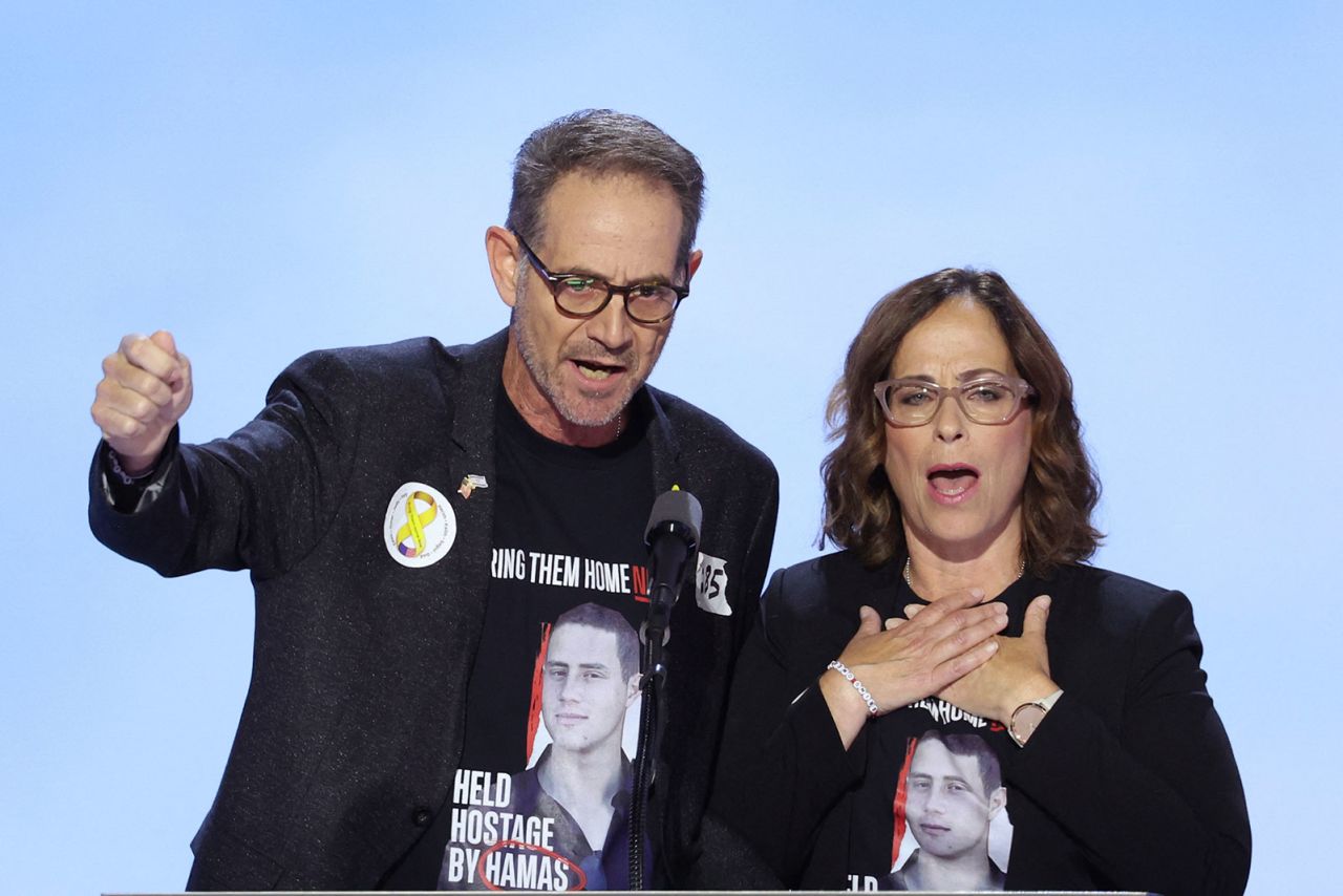 Ronen and Orna Neutra, the parents of US-Israeli citizen Omer Neutra, held hostage in Gaza since October 7, speak during the Republican National Convention in Milwaukee on Wednesday,  July 17. 