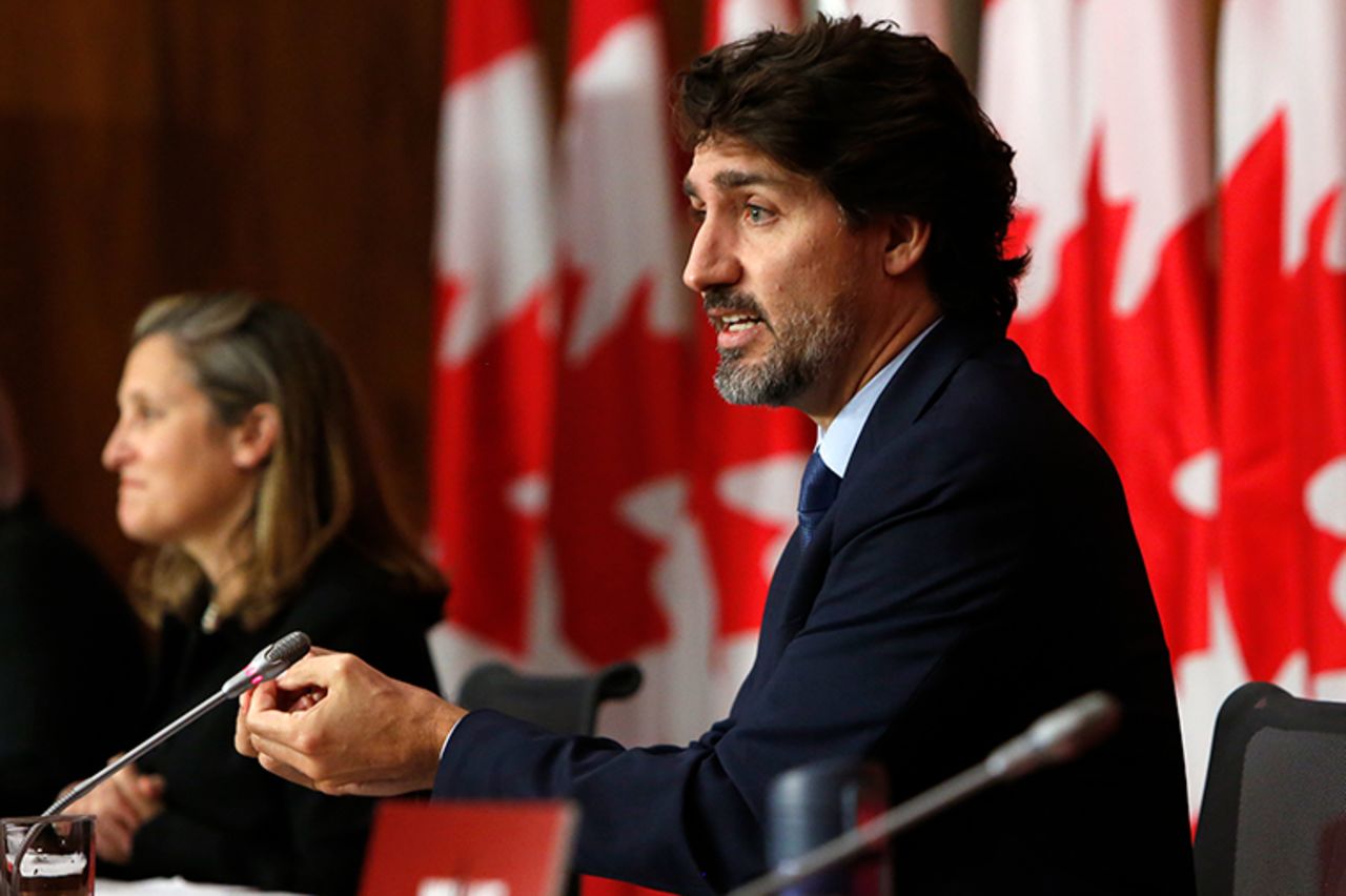 Justin Trudeau, Canada's prime minister, speaks during a news conference in Ottawa, Ontario, Canada, on Friday, October 9. Trudeau is set to announce support for businesses, as cases of Covid-19 surge in parts of the country. 