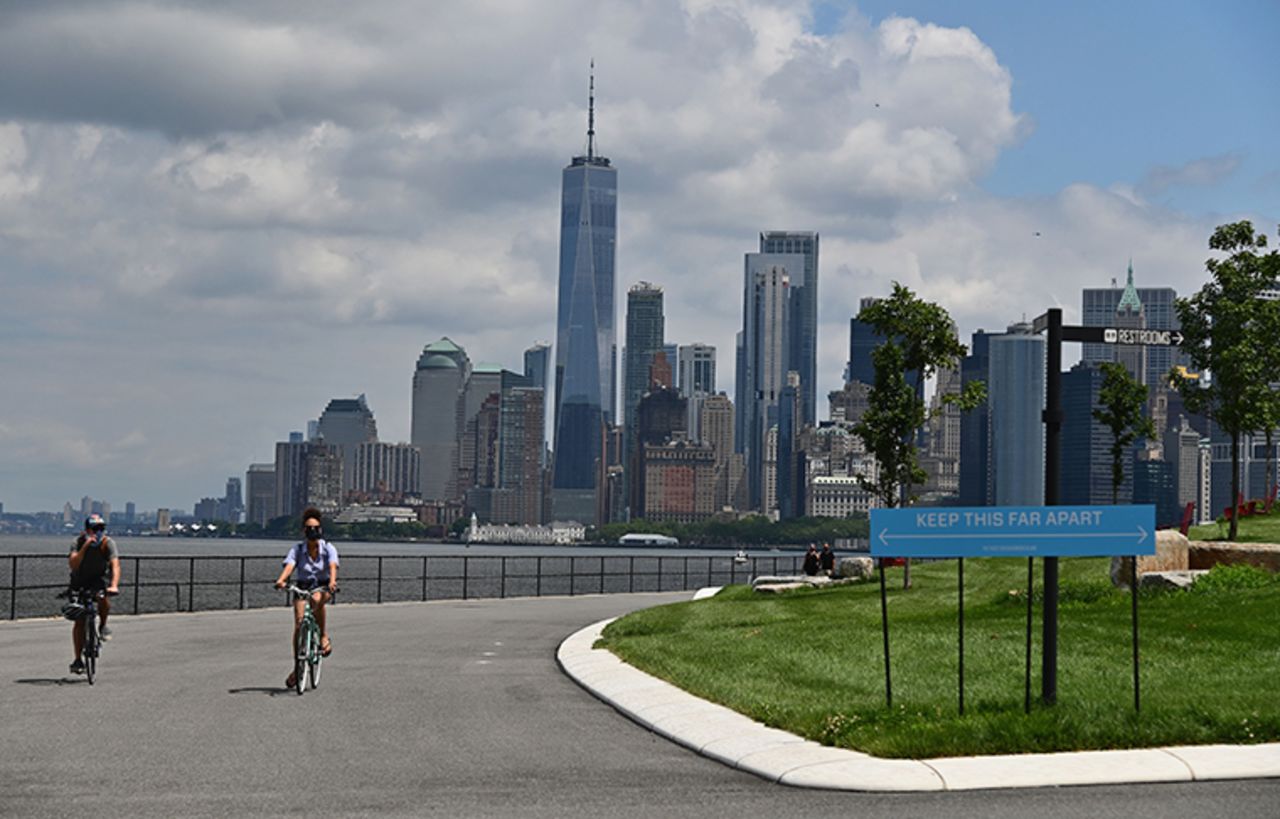 People ride bikes as they visit Governors Island on July 15, 2020 in New York City. 