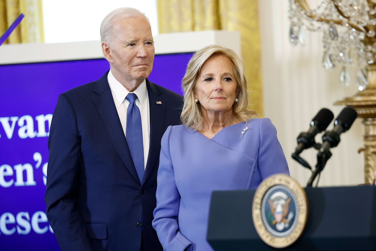 U.S. President Joe Biden and first lady Jill Biden attend a reception in the East Room of the White House on March 18, in Washington, DC. 