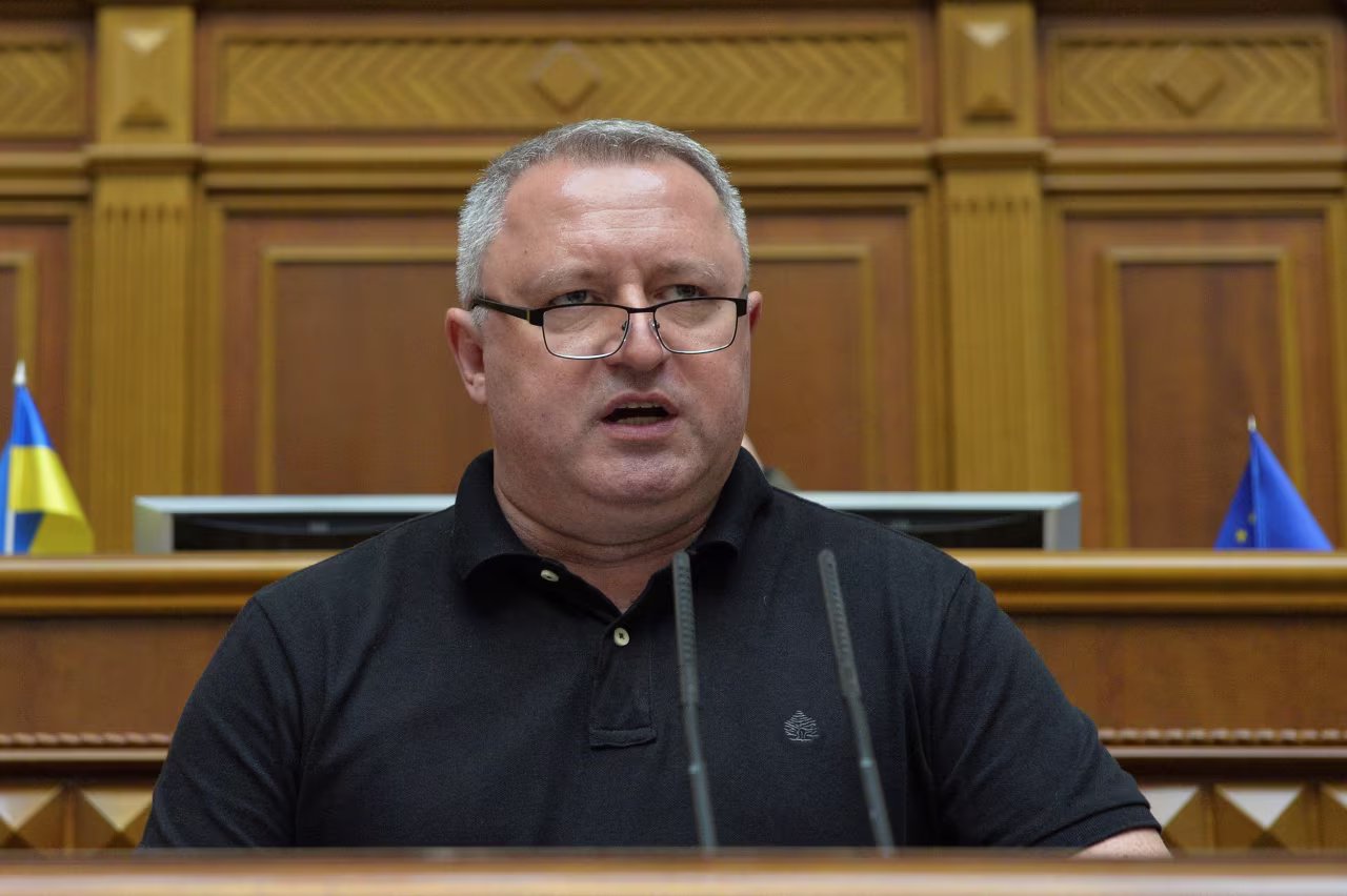 Ukrainian lawmaker Andriy Kostin addresses colleagues before the voting for his appointment as the Prosecutor General begins in Kyiv, Ukraine, on July 27.