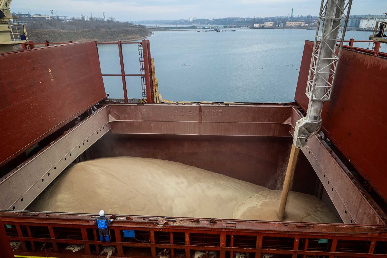 The hold of a UN-chartered vessel is loaded with Ukrainian wheat to be delivered to Kenya and to Ethiopia, at the port of Chornomorsk on February 18.