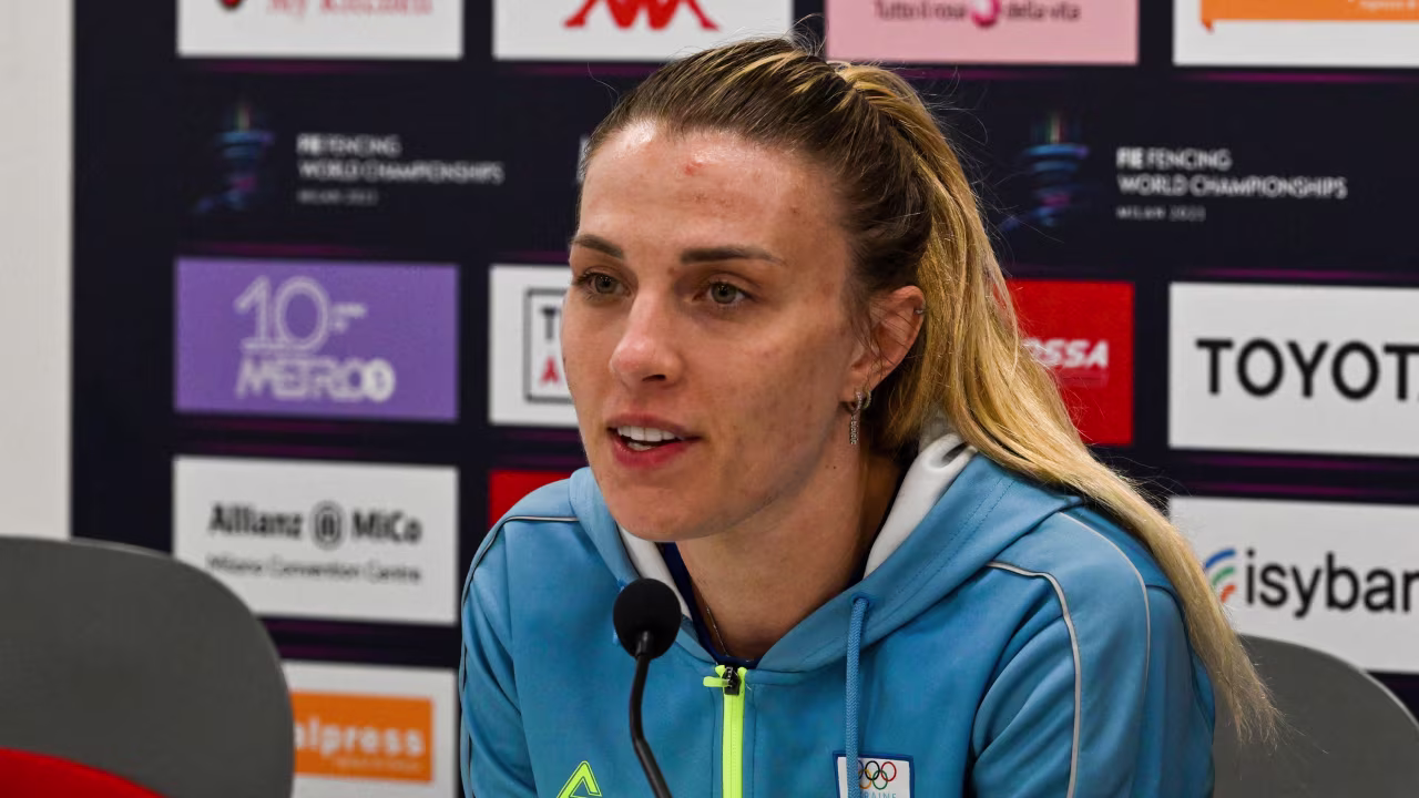 Ukraine's fencer Olga Kharlan speaks during a press conference within the FIE Fencing World Championships at the Fair Allianz MI.CO (Milano Convegni) in Milan, on July 28, 2023.
