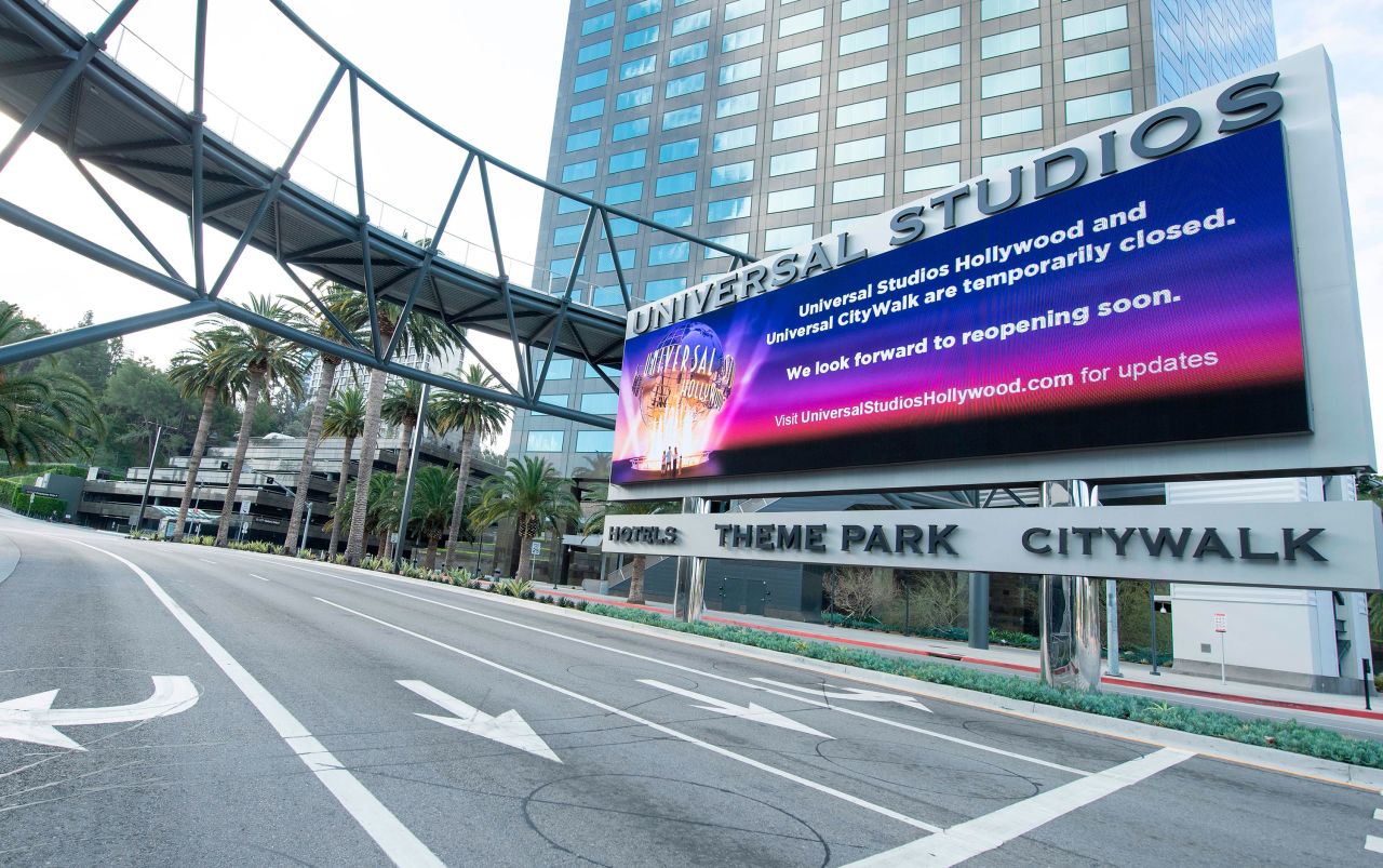 View of the entrance of Universal Studio Hollywood closed on April 2, in North Hollywood, California.