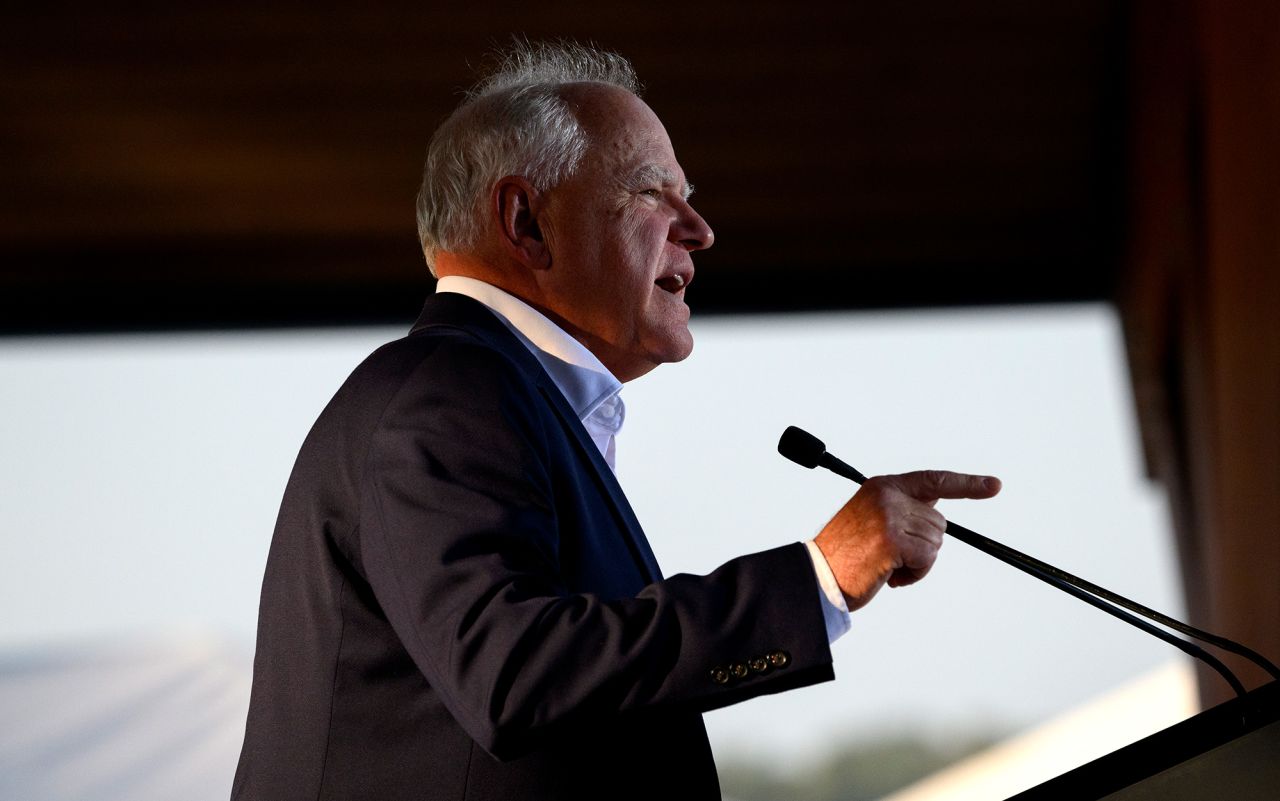 Minnesota Gov. Tim Walz speaks during a campaign rally on September 5, in Erie, Pennsylvania.