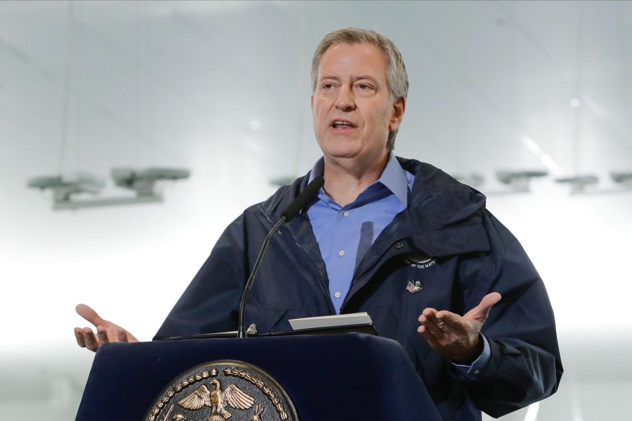 New York City Mayor Bill de Blasio speaks at a news conference on March 31, in New York.