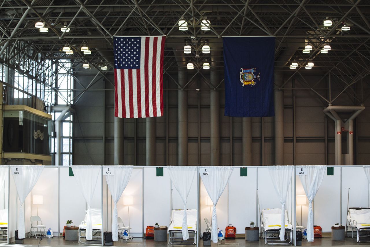 The interior of the Javits Center in New York City, which has been transformed into a temporary hospital.