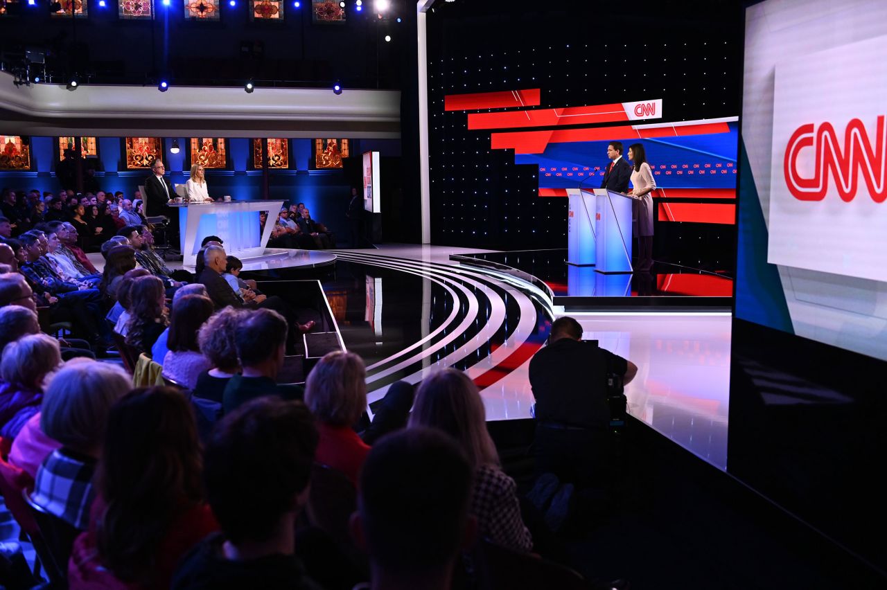 Former South Carolina Gov. Nikki Haley and Florida Gov. Ron DeSantis participate in a CNN Republican Presidential Debate at Drake University in Des Moines, Iowa, on Wednesday.