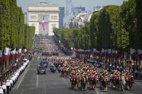 Troops march down the Champs-Elysées during the Bastille Day parade on July 14, in Paris, France.