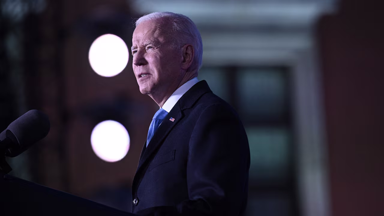 President Joe Biden delivers a speech at the Royal Castle in Warsaw, Poland on March 26.