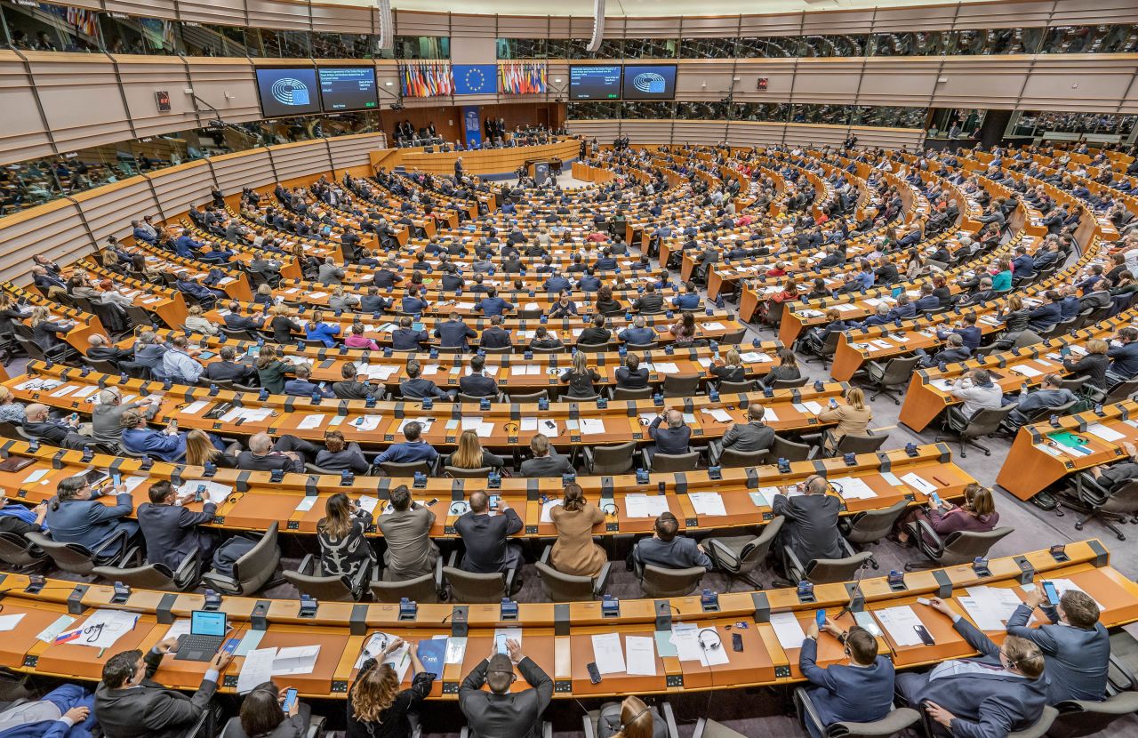 Members of the European Parliament follow the vote on Brexit in a plenary session on Thursday.