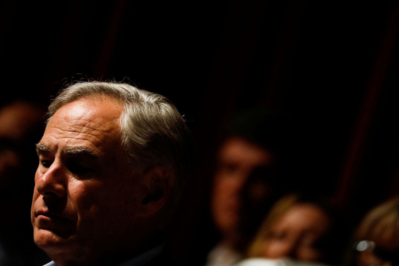 Texas Gov. Greg Abbott at a news conference with state agencies and local officials at Uvalde High School, on Friday.