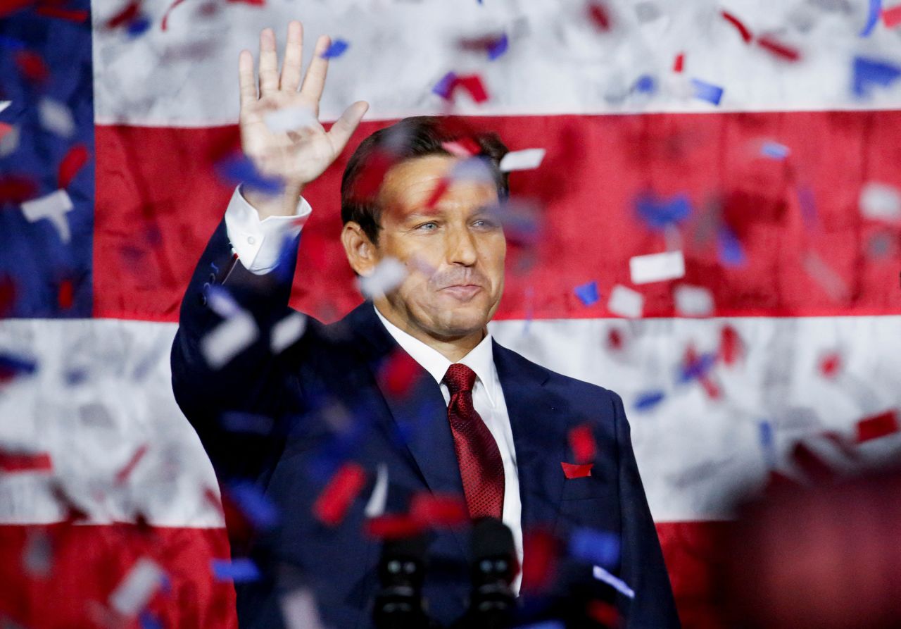 Republican Florida Governor Ron?DeSantis?celebrates onstage during his 2022 U.S. midterm elections night party in Tampa, Florida, on November 8.