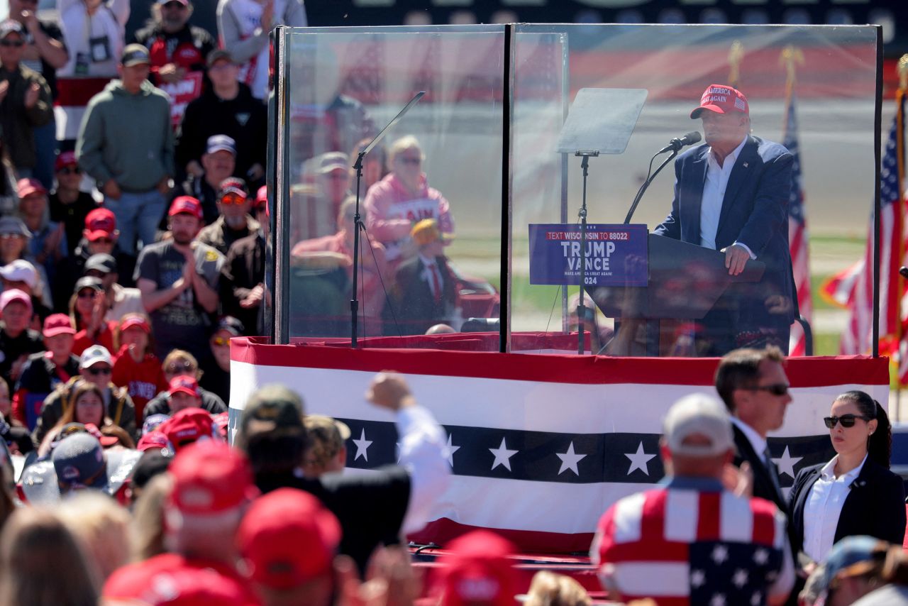 Republican presidential nominee and former President Donald Trump holds a rally in Mosinee, Wisconsin, on September 7.