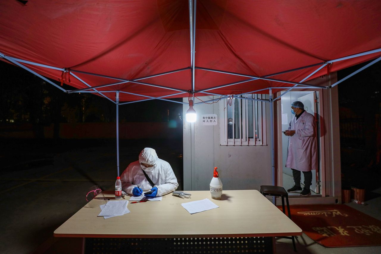 Medical staff members work at a quarantine zone in Wuhan on February 3.