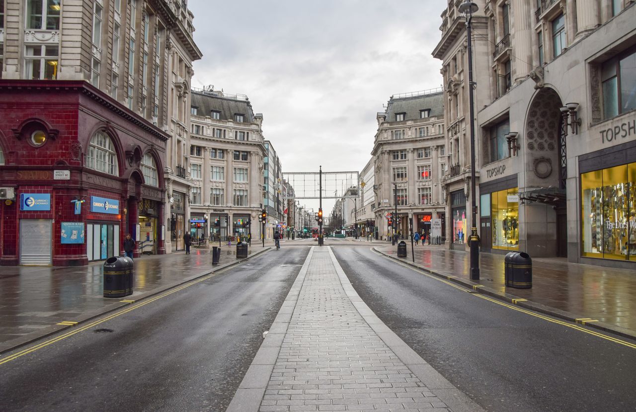 General view of an empty and deserted Oxford street in London, England, on January 5, 2021. 