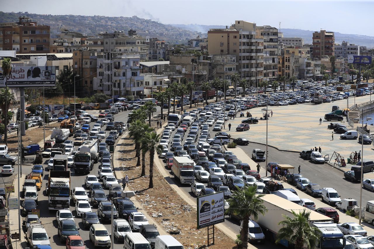 Cars sit in traffic as they flee in Sidon, Lebanon, on September 23.