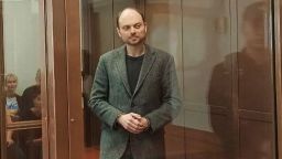 Kremlin critic Vladimir Kara-Murza, accused of treason and of discrediting the Russian army, stands inside an enclosure for defendants during a court hearing in Moscow, on April 17.
