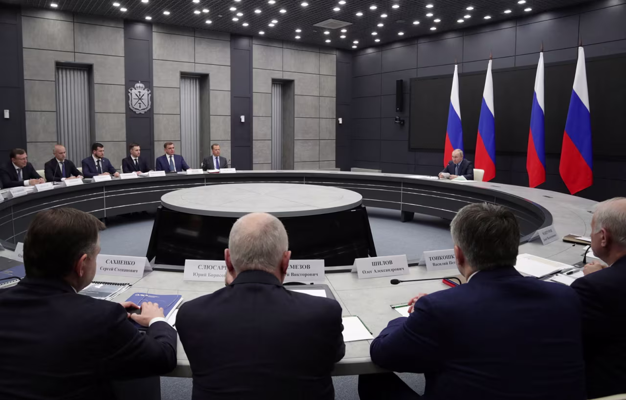Putin meets with leadership of military industrial complex enterprises in Tula, Russia, on Friday. 