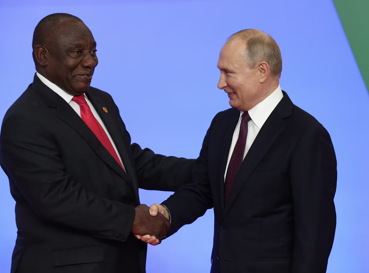 South African President Cyril Ramaphosa and Russian President Vladimir Putin are pictured during the Russia-Africa Summit in Sochi, Russia, in October 2019. 