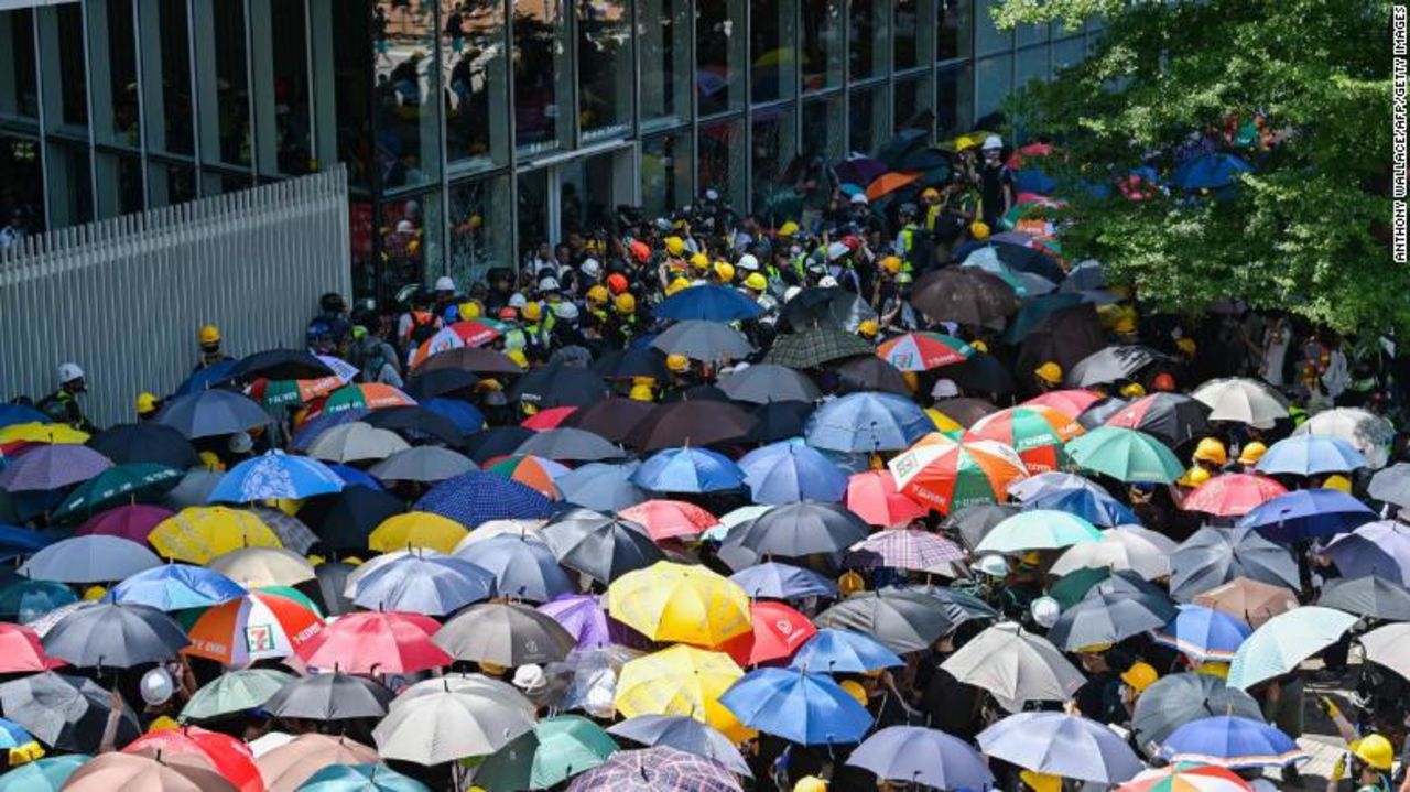 Protesters gather outside the government headquarters in Hong Kong on July 1, 2019.