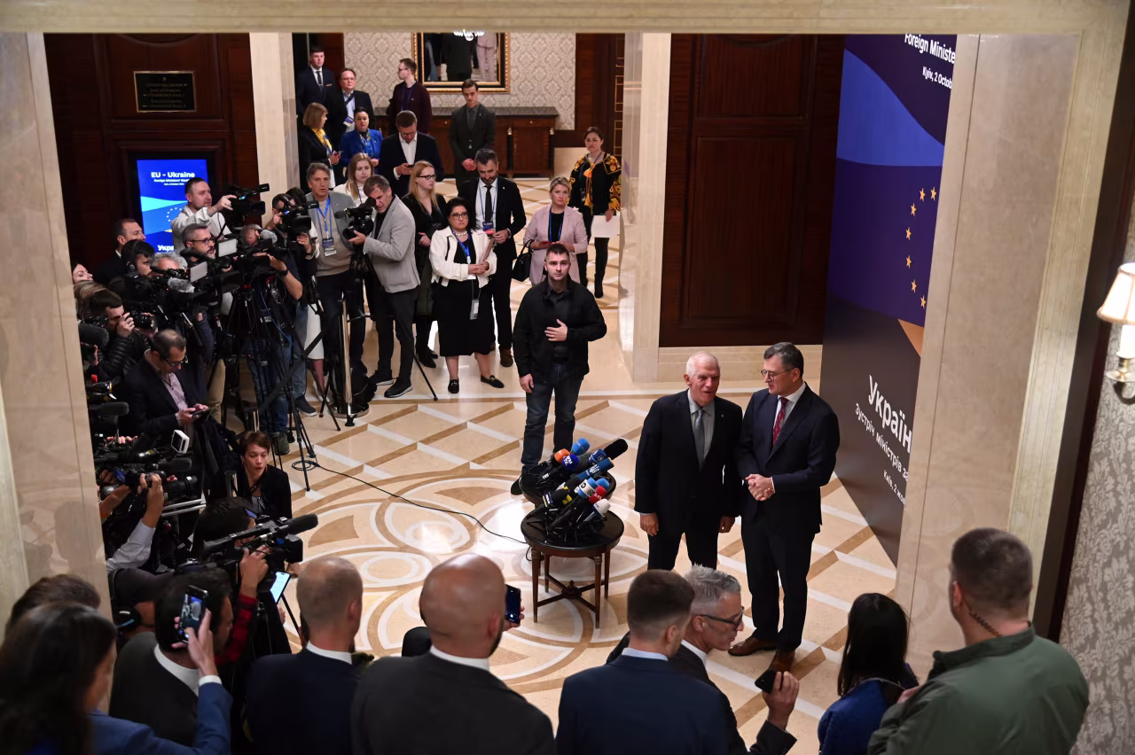Ukrainian Foreign Minister Dmytro Kuleba and European Union Foreign Policy Chief Josep Borrell speak to the media before the EU-Ukraine foreign ministers meeting in Kyiv, Ukraine, on Monday, October 2.  