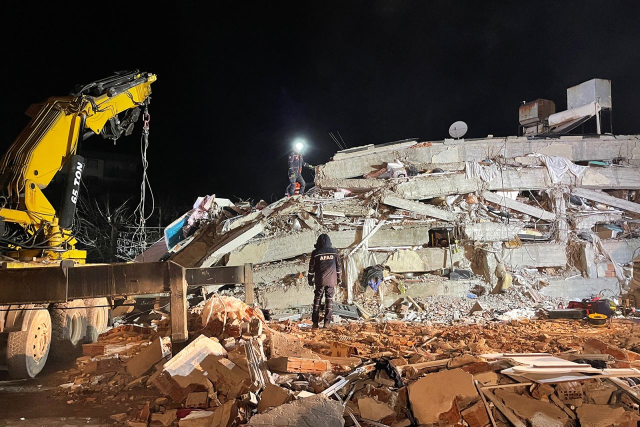 Personnel conduct search and rescue operations in Islahiye district of Gaziantep, Turkey, after 7.7 and 7.6 magnitude earthquakes hit Kahramanmaras, on February 10, 2023.?
