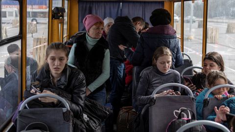 Evacuees from the Mariupol region arrive at reception center in Zaporizhzhia, Ukraine on March 31.