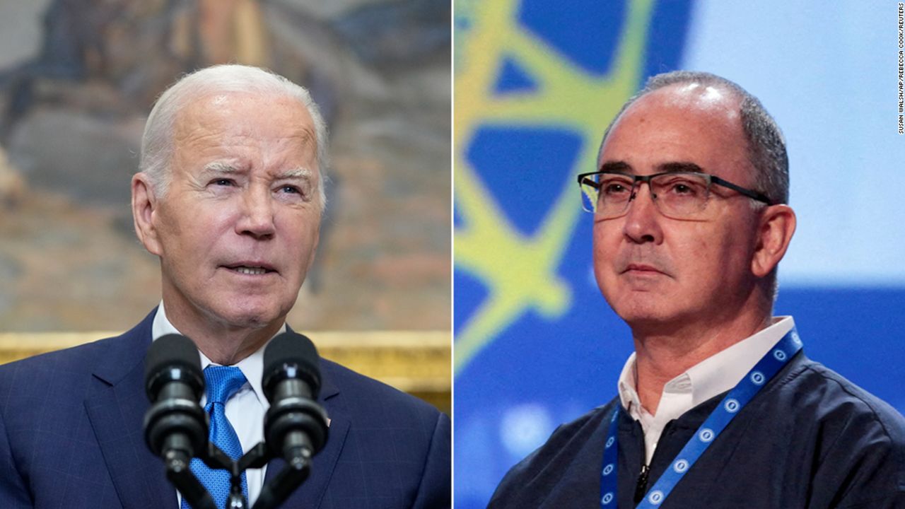 Left: President Joe Biden speaking about the auto workers strike from the Roosevelt Room of the White House in Washington on Sept. 15. Right: UAW President?Shawn?Fain?at the 2023 Special Elections Collective Bargaining Convention in Detroit, Michigan, on March 27.