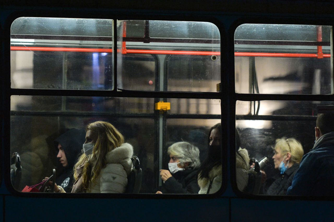 Passenger wear protective masks inside a tram in Sofia, Bulgaria on October 9.