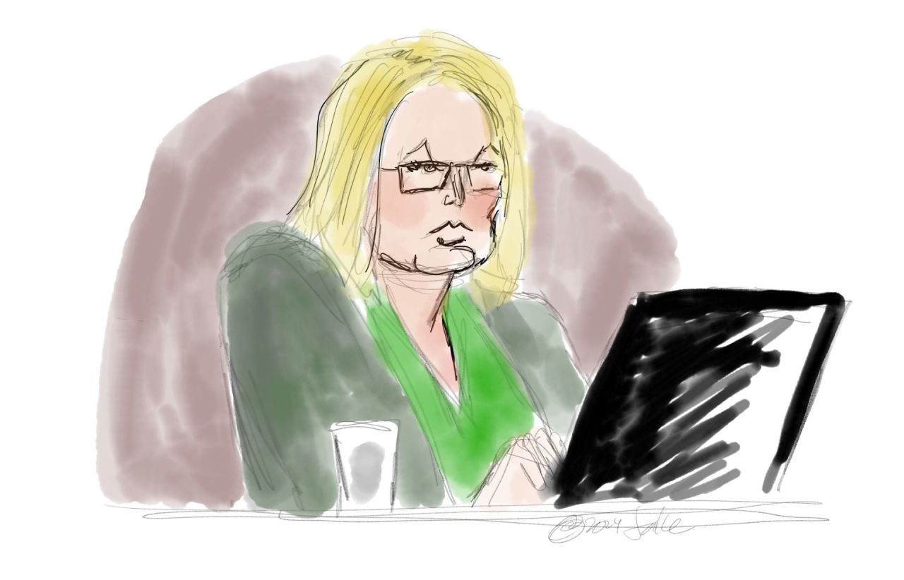 This sketch shows Stormy Daniels in the courtroom on Thursday, May 9.