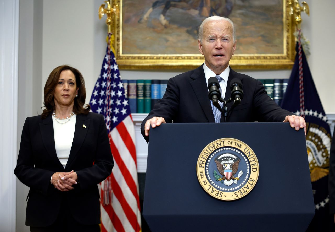 Vice President Kamala Harris stands with President Joe Biden as he delivers remarks at the White House on July 14, in Washington, DC. 