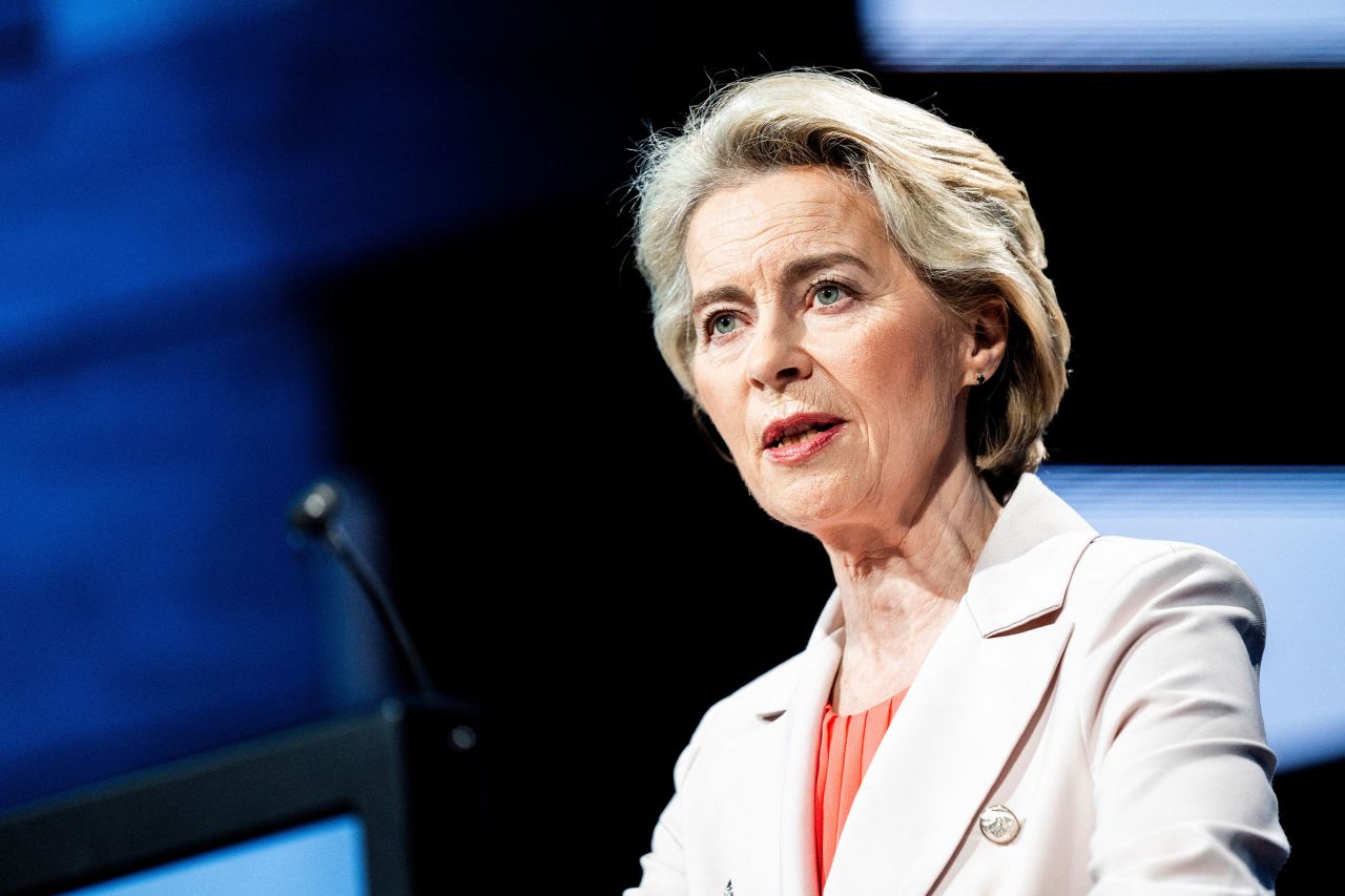 European Commission President Ursula von der Leyen speaks during the Copenhagen Democracy Summit, in Copenhagen, Denmark, on May 14. 