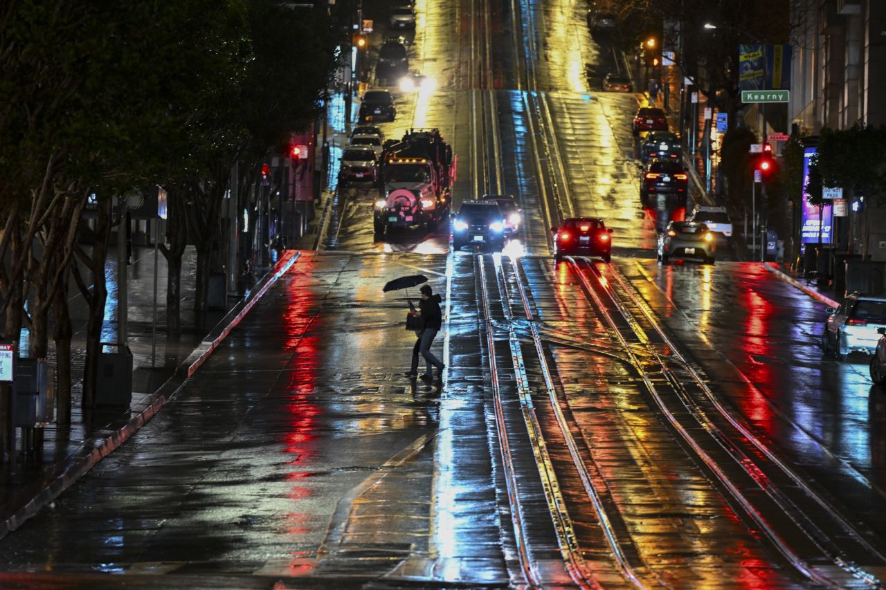 California Street in San Francisco is pictured, as atmospheric river storms hit the state on February 4. 