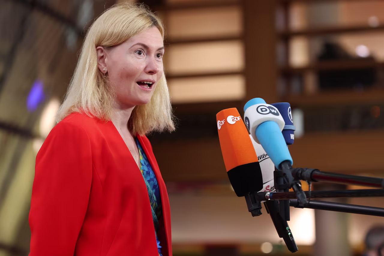 Estonian Minister of Economic Affairs and Infrastructure, Riina Sikkut, speaks to the media in Brussels, on July 26.