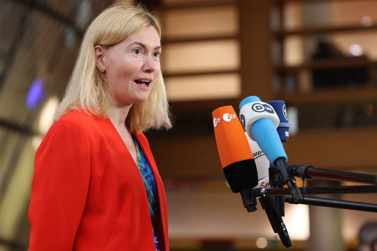 Estonian Minister of Economic Affairs and Infrastructure, Riina Sikkut, speaks to the media in Brussels, on July 26.