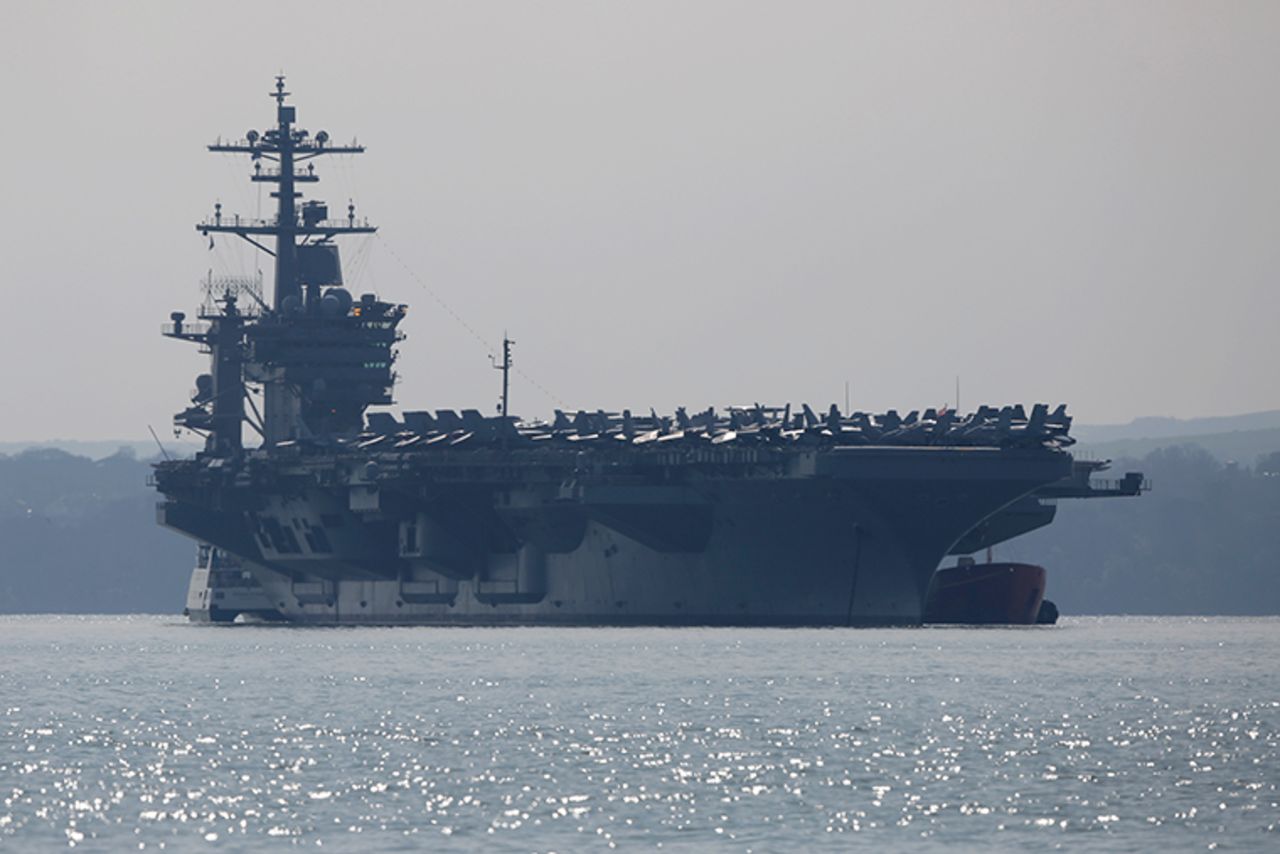 The USS Theodore Roosevelt anchors off the coast of Gosport, England on March 23, 2015.