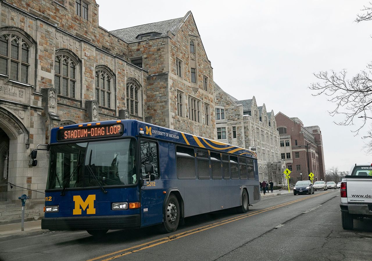 A University of Michigan bus makes its way around campus on Monday, January 25.