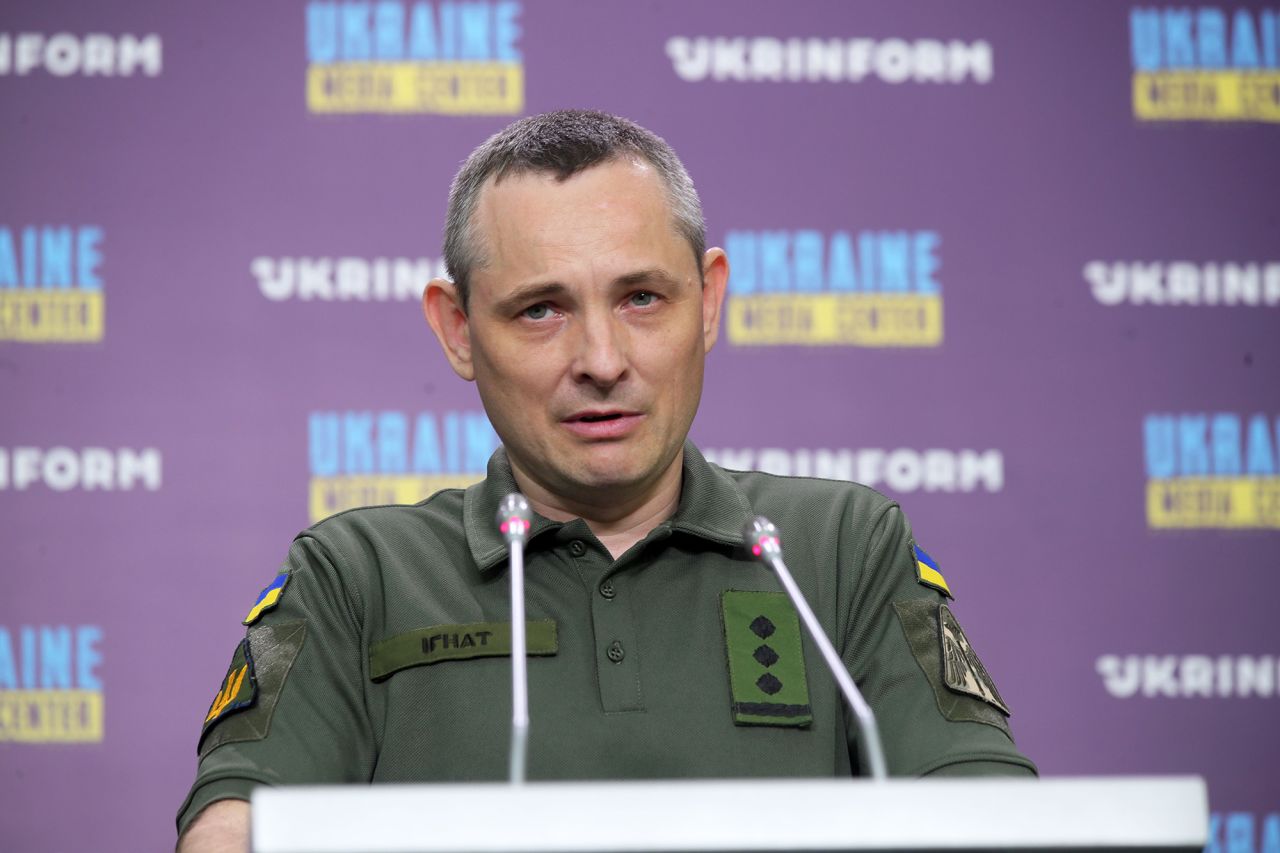 Ukrainian Air Force spokesperson Yurii Ihnat holds a briefing in Kyiv, Ukraine, on June 14.